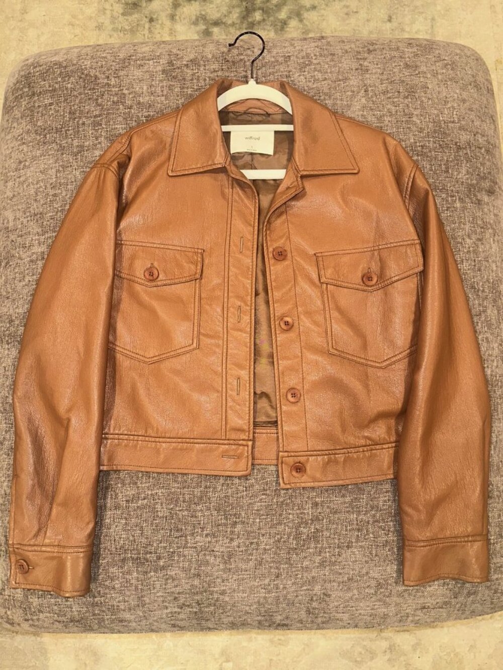 Aritzia Wilfred Little Cropped Vegan Leather Jacket Cognac S